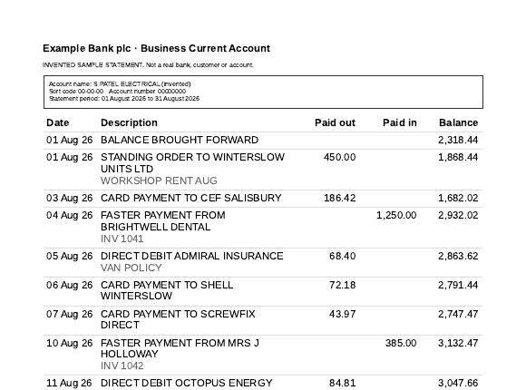 Top of page 1 of an invented Example Bank plc statement with date, description, paid out, paid in and balance columns